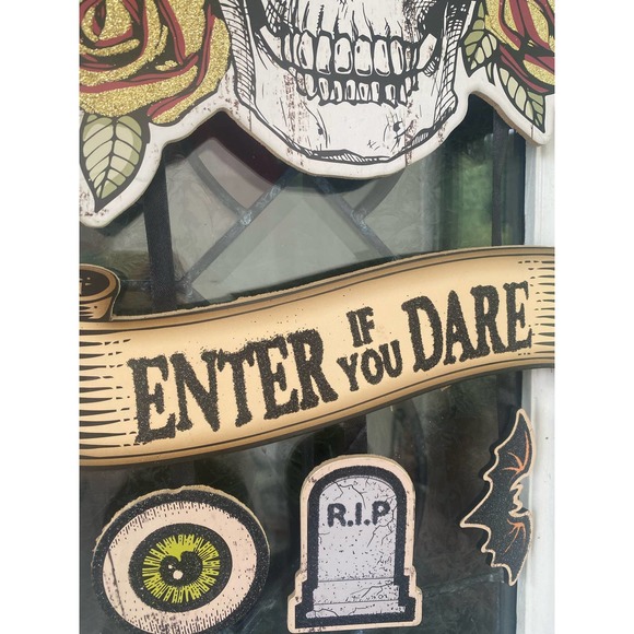 Roses & Skull Enter if You Dare Halloween Sign Front Door Hanger Home Decor - Picture 4 of 5